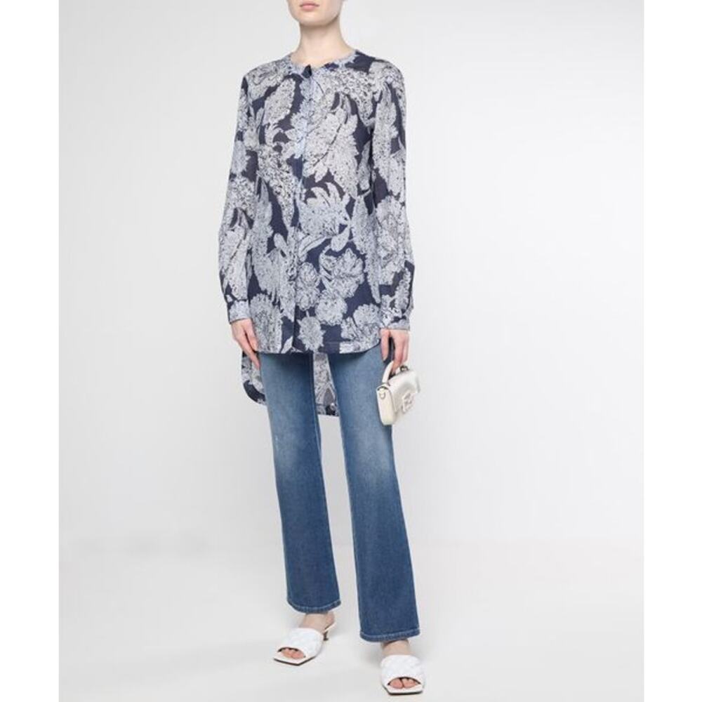 Giorgio Armani Blue Floral Print Tunic Blouse Size 44 XL Long Sleeve Cotton